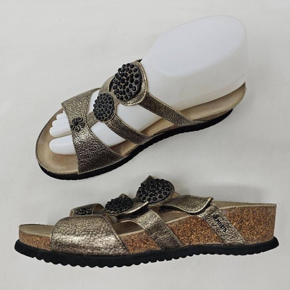 MEPHISTO STRAPPY SANDALS GOLD LEATHER BLACK CHARM WEDGE HEELS 37 US SIZE 7